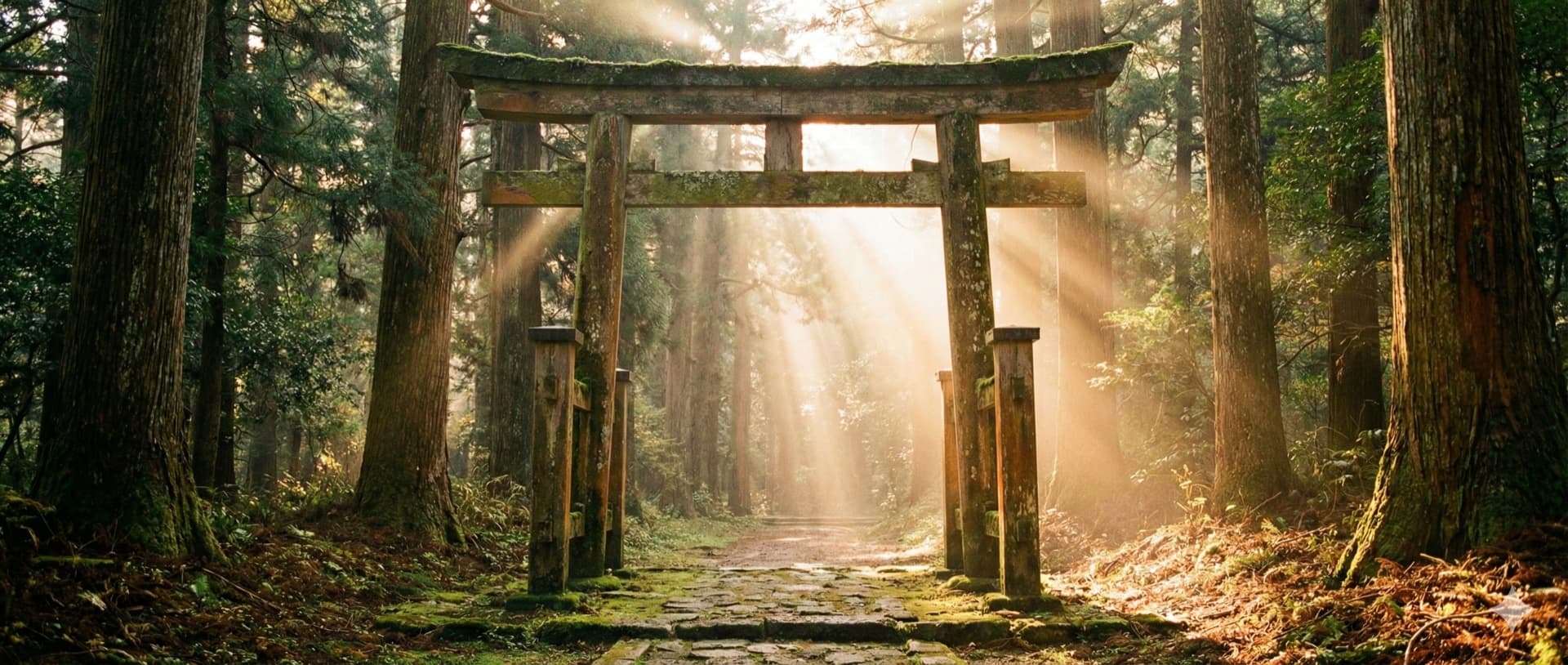 Torii gate with golden light streaming through - a threshold to cross