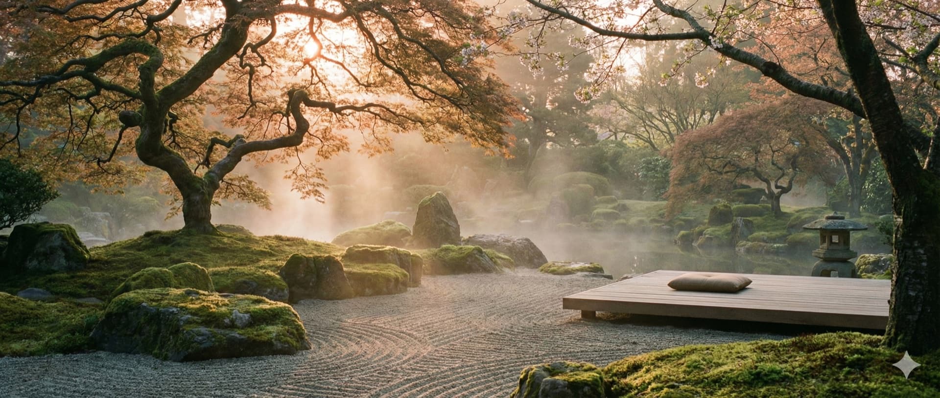Zen garden at dawn with morning mist and moss-covered stones