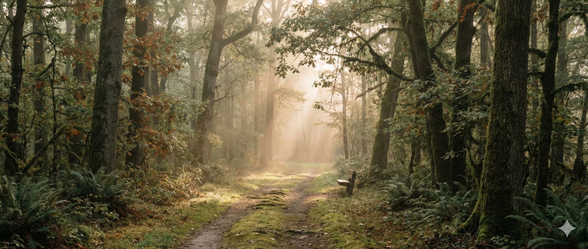 Forest path leading toward soft morning light